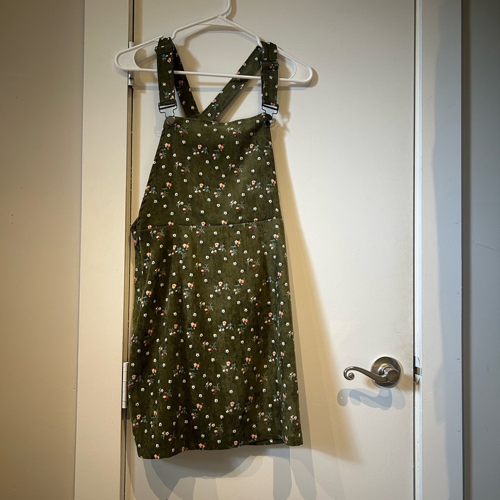 Green Floral Corduroy Pinafore Dress